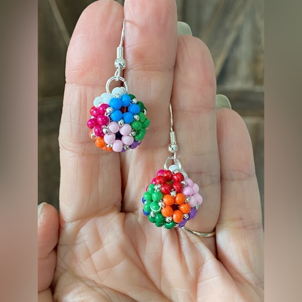 Handmade Flower Floral Multicolor Globe Ball Seed Bead Earrings